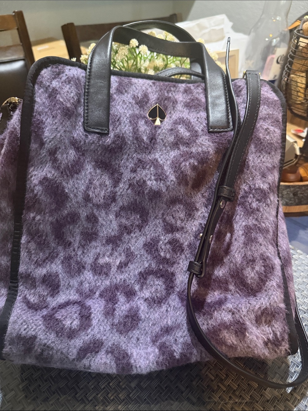 kate spade Purple Leopard Faux-Fur Tote with Black Leather Straps